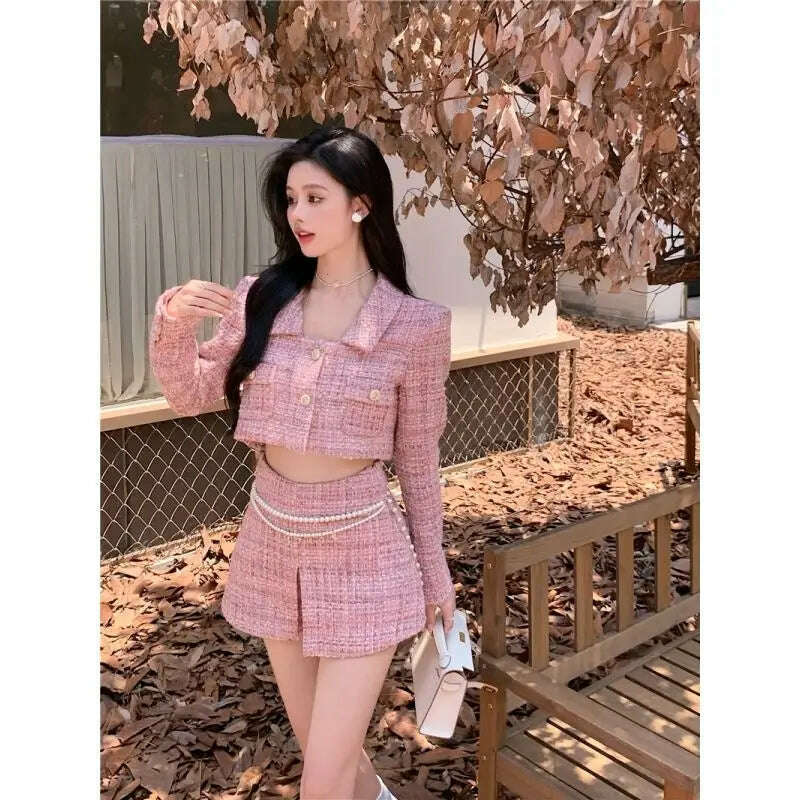 KIMLUD, Autumn/Winter Two Piece Sets Womens Fashion Long Sleeve Short Coat +A-shaped Mini Skirt Solid Womans Clothes for 2022 Skirt Sets, 2pc sets / S, KIMLUD Womens Clothes