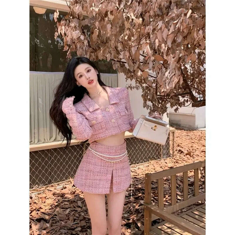 KIMLUD, Autumn/Winter Two Piece Sets Womens Fashion Long Sleeve Short Coat +A-shaped Mini Skirt Solid Womans Clothes for 2022 Skirt Sets, KIMLUD Womens Clothes