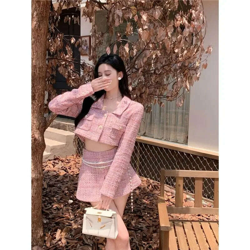KIMLUD, Autumn/Winter Two Piece Sets Womens Fashion Long Sleeve Short Coat +A-shaped Mini Skirt Solid Womans Clothes for 2022 Skirt Sets, KIMLUD Womens Clothes
