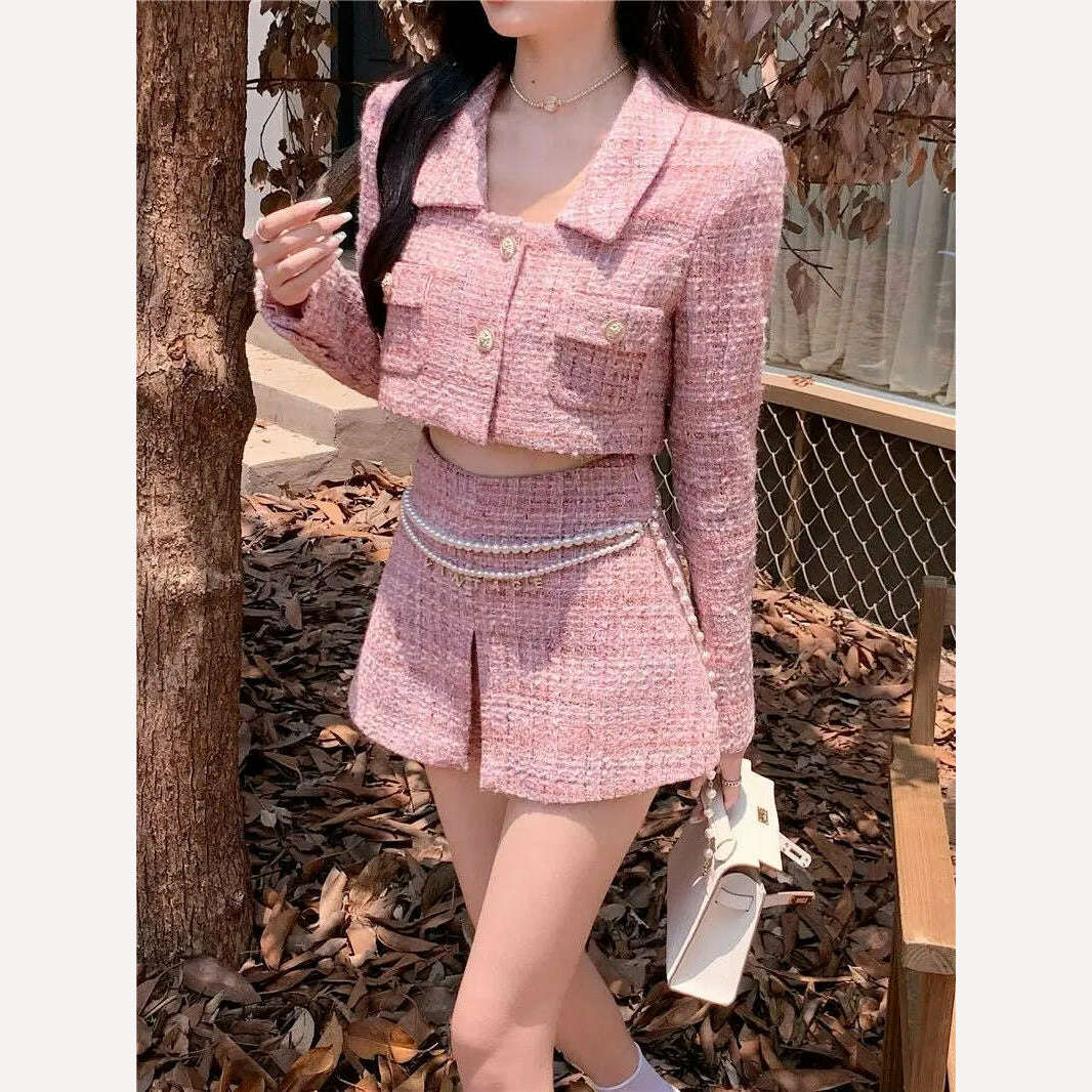 KIMLUD, Autumn/Winter Two Piece Sets Womens Fashion Long Sleeve Short Coat +A-shaped Mini Skirt Solid Womans Clothes for 2022 Skirt Sets, KIMLUD Womens Clothes