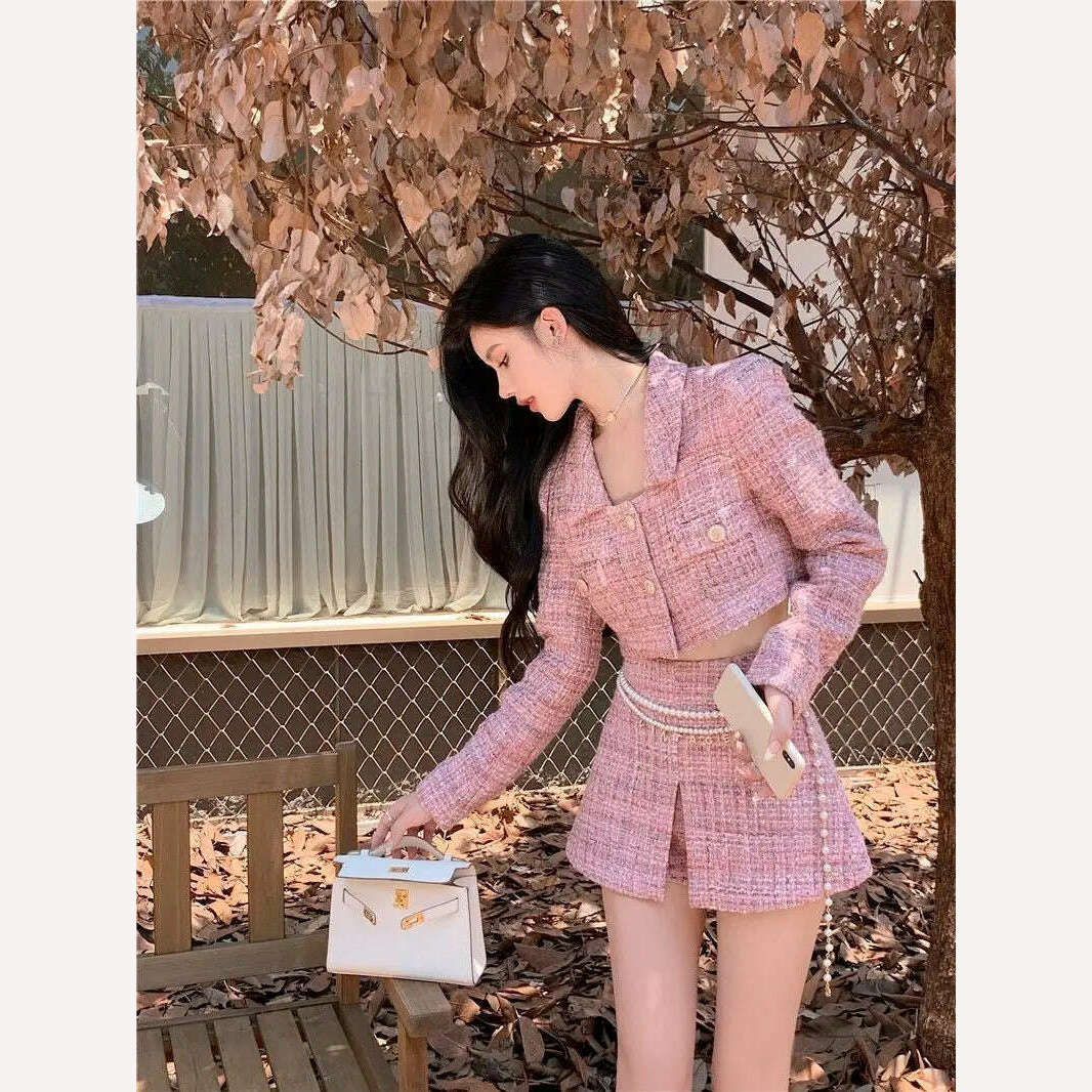 KIMLUD, Autumn/Winter Two Piece Sets Womens Fashion Long Sleeve Short Coat +A-shaped Mini Skirt Solid Womans Clothes for 2022 Skirt Sets, KIMLUD Womens Clothes