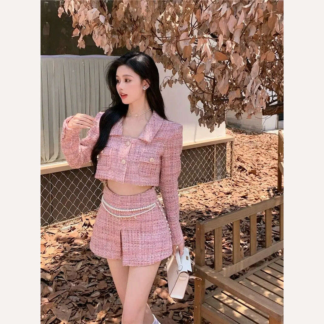 KIMLUD, Autumn/Winter Two Piece Sets Womens Fashion Long Sleeve Short Coat +A-shaped Mini Skirt Solid Womans Clothes for 2022 Skirt Sets, KIMLUD Womens Clothes