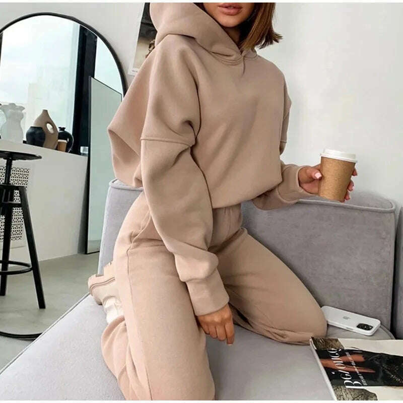 KIMLUD, Autumn/Winter women's casual sports suit solid color hoodie for Female clothing Zippered hoodies Sport Trouser Two Piece Sets, KIMLUD Womens Clothes