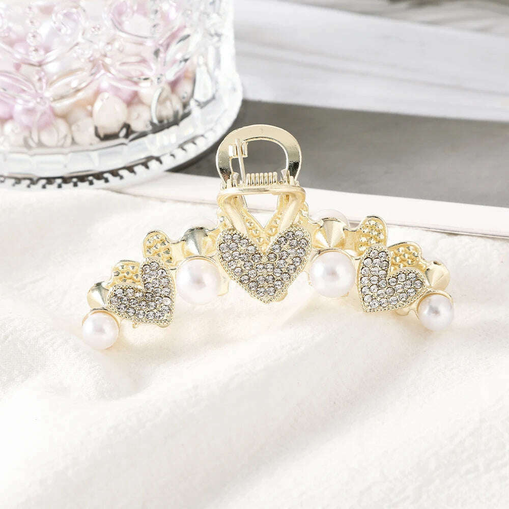 AWAYTR New Korea Heart Shape Acrylic Hair Claws Crab Large Pearl Claw Clips for Woman Girls Bath Barrette Lady Fashion Headdress - KIMLUD