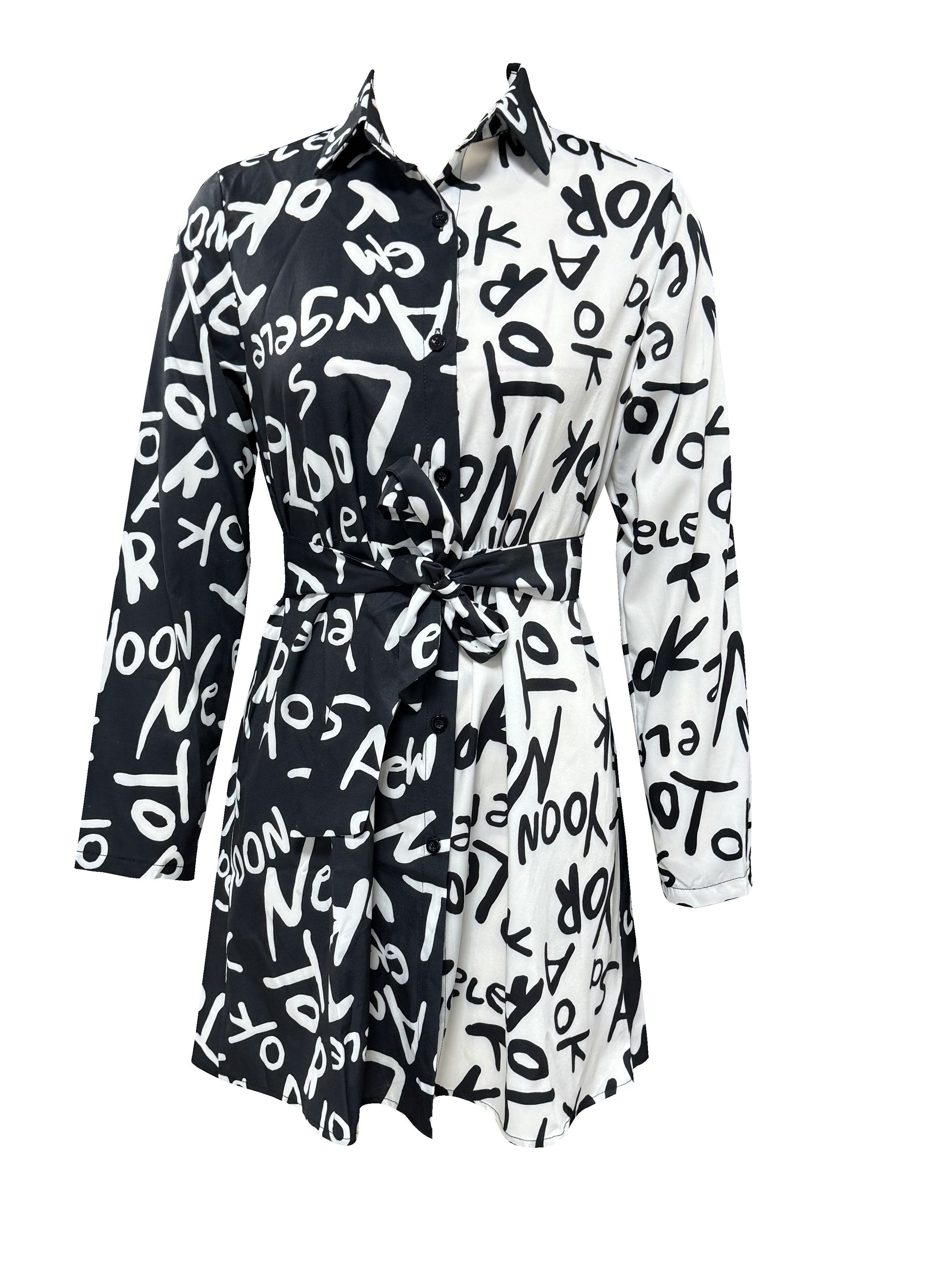 Fashionable Letter Print Dress with Belted Waist - Long Sleeve Button-Up Shirt Dress for Casual Style