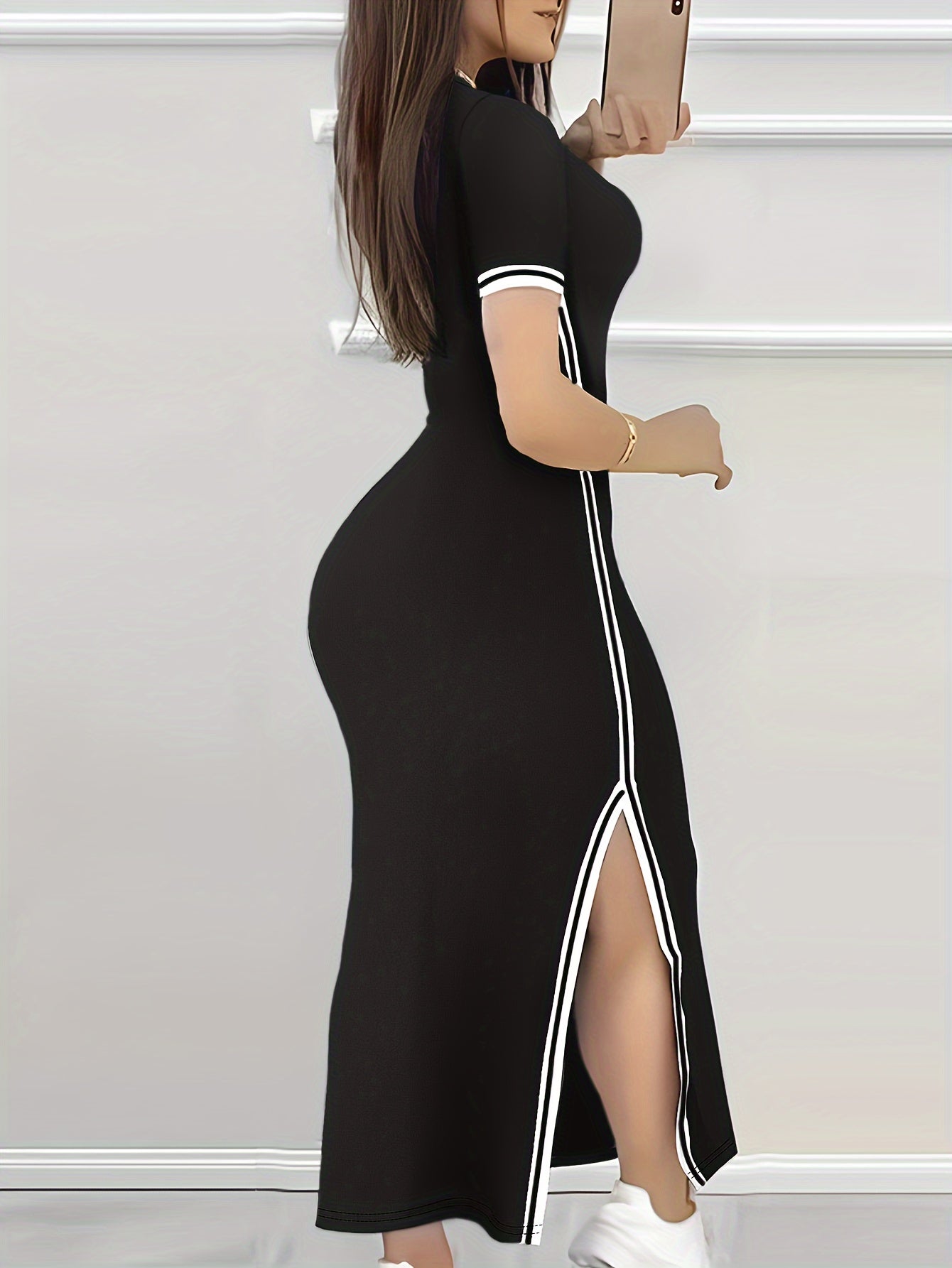 Contrast Trim Split Hem Bodycon Dress, Elegant Crew Neck Short Sleeve Dress For Spring & Summer, Women's Clothing