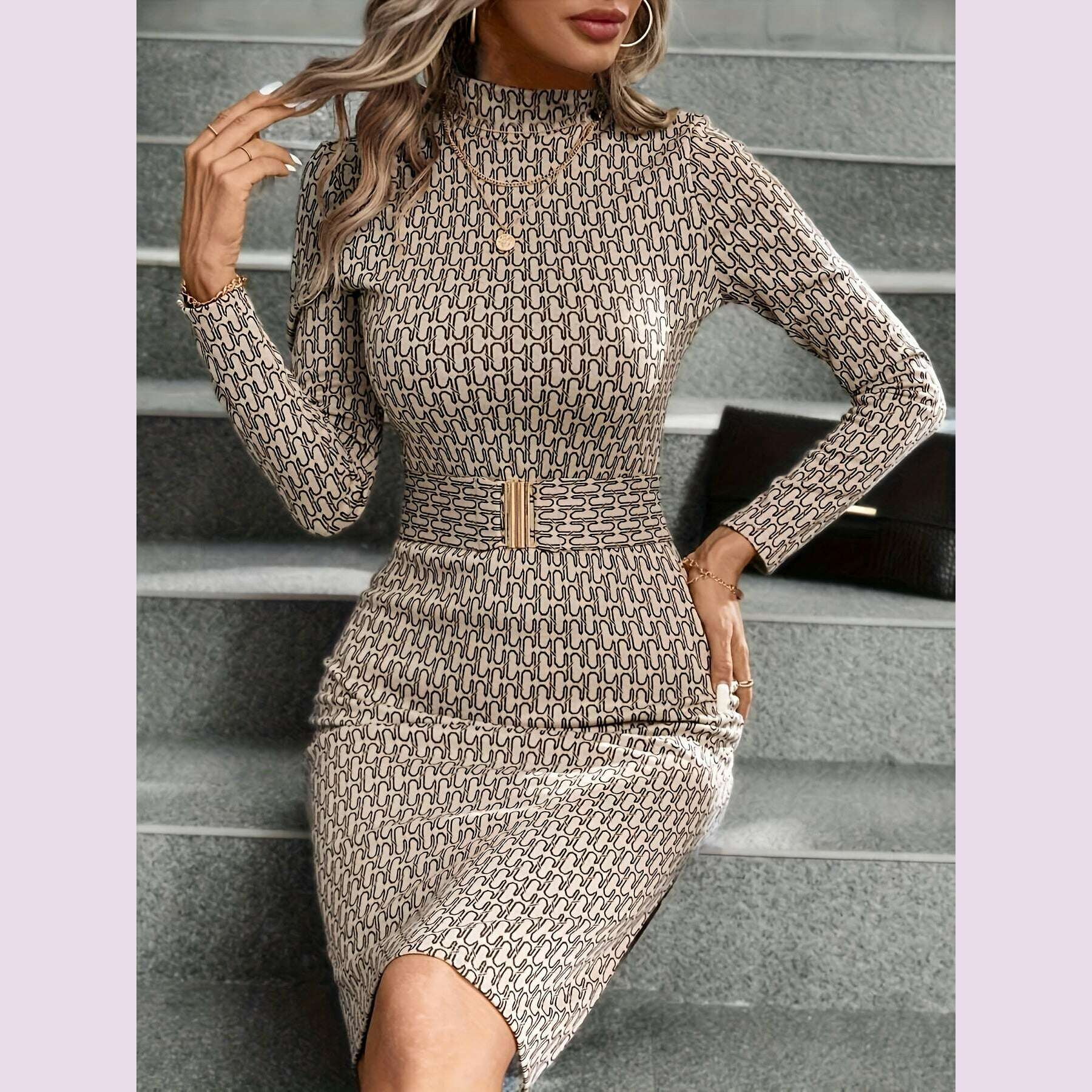 Women'S Elegant Geometric Print Bodycon Dress with High Neck & Side Slit -  Chic Long Sleeve Mini Dress for Casual, Date, Party, or Business Occasions,  Party Attire | Highneck Dress
