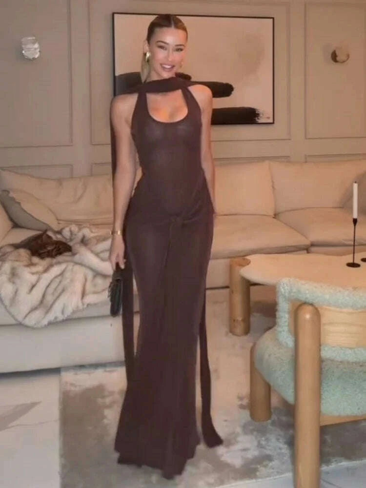 Backless Halter Dress - Draped Silhouette - Polyester - Brown | KIMLUD