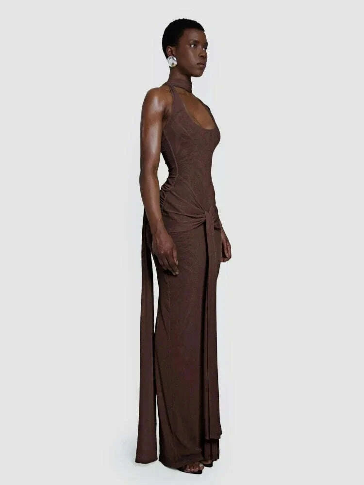 Backless Halter Dress - Draped Silhouette - Polyester - Brown | KIMLUD