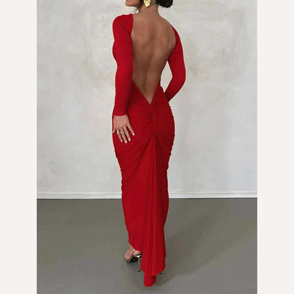 KIMLUD, Backless Maxi Dress Elegant Red Long Sleeve Sexy Ruched Bodyocn Evening Party Dress for Women 2023 Spring Slim Christmas Outfits, KIMLUD Womens Clothes