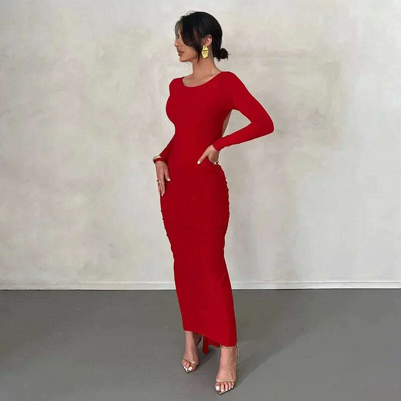 KIMLUD, Backless Maxi Dress Elegant Red Long Sleeve Sexy Ruched Bodyocn Evening Party Dress for Women 2023 Spring Slim Christmas Outfits, KIMLUD Womens Clothes