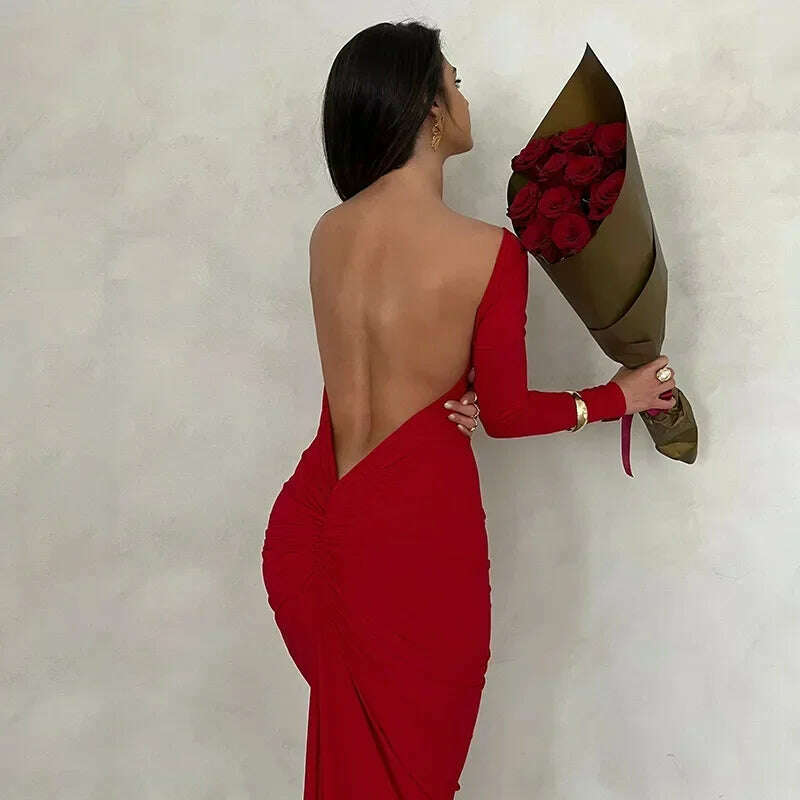 KIMLUD, Backless Maxi Dress Elegant Red Long Sleeve Sexy Ruched Bodyocn Evening Party Dress for Women 2023 Spring Slim Christmas Outfits, KIMLUD Womens Clothes