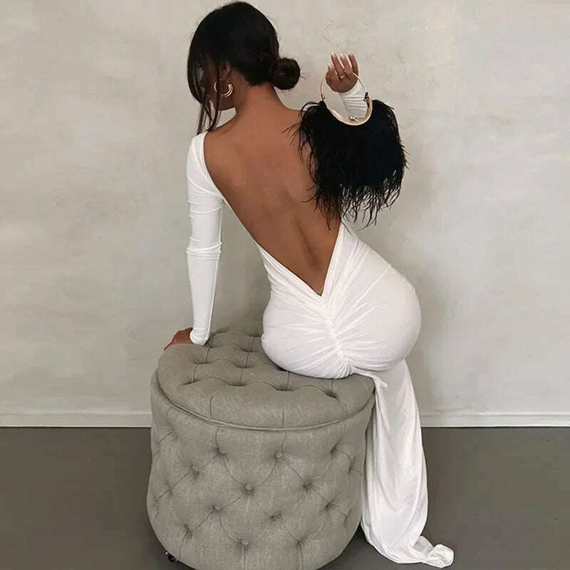 KIMLUD, Backless Maxi Dress Elegant Red Long Sleeve Sexy Ruched Bodyocn Evening Party Dress for Women 2023 Spring Slim Christmas Outfits, KIMLUD Womens Clothes