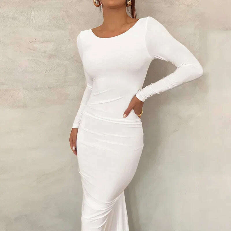 KIMLUD, Backless Maxi Dress Elegant Red Long Sleeve Sexy Ruched Bodyocn Evening Party Dress for Women 2023 Spring Slim Christmas Outfits, KIMLUD Womens Clothes