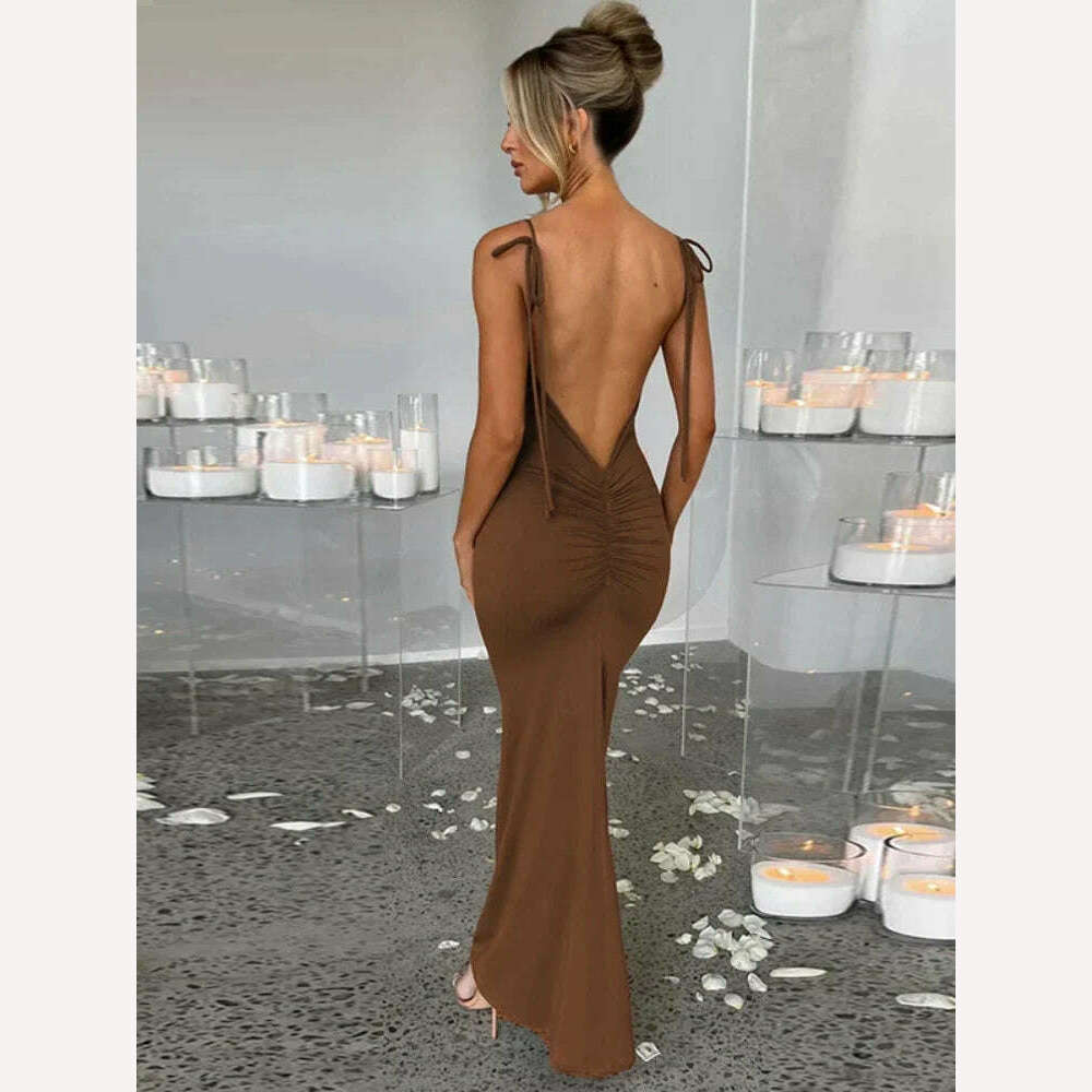 KIMLUD, Backless Maxi Dress Elegant Red Long Sleeve Sexy Ruched Bodyocn Evening Party Dress for Women 2023 Spring Slim Christmas Outfits, Coffee / L, KIMLUD Womens Clothes