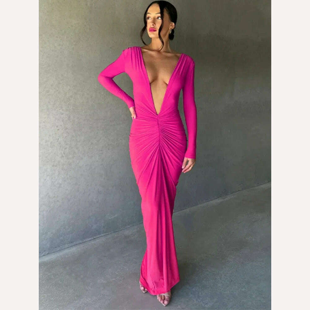 KIMLUD, Backless Maxi Dress Elegant Red Long Sleeve Sexy Ruched Bodyocn Evening Party Dress for Women 2023 Spring Slim Christmas Outfits, Rose Red 5 / L, KIMLUD Womens Clothes