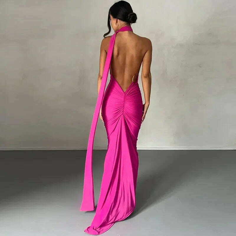 KIMLUD, Backless Maxi Dress Elegant Red Long Sleeve Sexy Ruched Bodyocn Evening Party Dress for Women 2023 Spring Slim Christmas Outfits, Rose Red 4 / L, KIMLUD Womens Clothes
