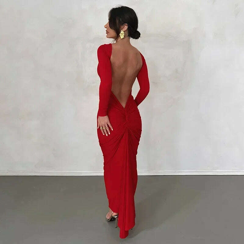 KIMLUD, Backless Maxi Dress Elegant Red Long Sleeve Sexy Ruched Bodyocn Evening Party Dress for Women 2023 Spring Slim Christmas Outfits, Red / S, KIMLUD Womens Clothes