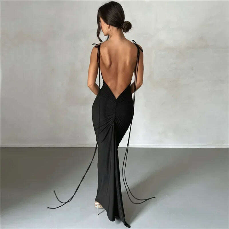 KIMLUD, Backless Maxi Dress Elegant Red Long Sleeve Sexy Ruched Bodyocn Evening Party Dress for Women 2023 Spring Slim Christmas Outfits, Black 3 / M, KIMLUD Womens Clothes