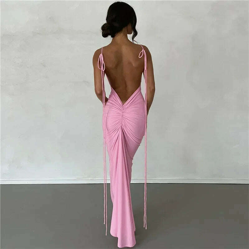 KIMLUD, Backless Maxi Dress Elegant Red Long Sleeve Sexy Ruched Bodyocn Evening Party Dress for Women 2023 Spring Slim Christmas Outfits, Pink 3 / L, KIMLUD Womens Clothes