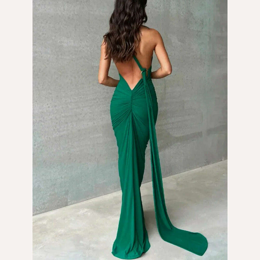 KIMLUD, Backless Maxi Dress Elegant Red Long Sleeve Sexy Ruched Bodyocn Evening Party Dress for Women 2023 Spring Slim Christmas Outfits, Green 4 / L, KIMLUD Womens Clothes
