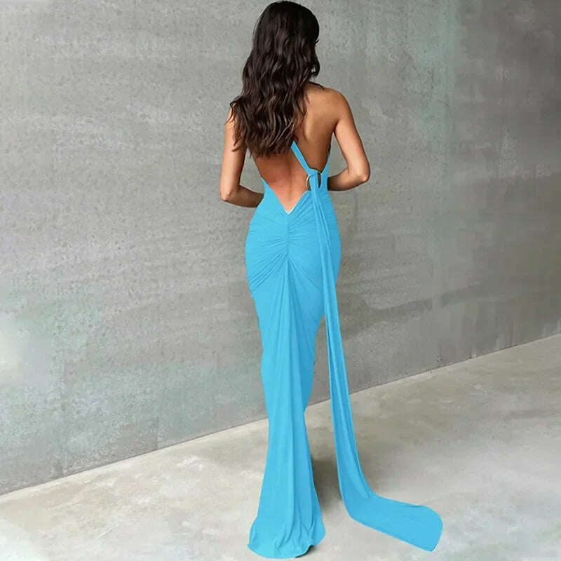 KIMLUD, Backless Maxi Dress Elegant Red Long Sleeve Sexy Ruched Bodyocn Evening Party Dress for Women 2023 Spring Slim Christmas Outfits, Blue 4 / L, KIMLUD Womens Clothes