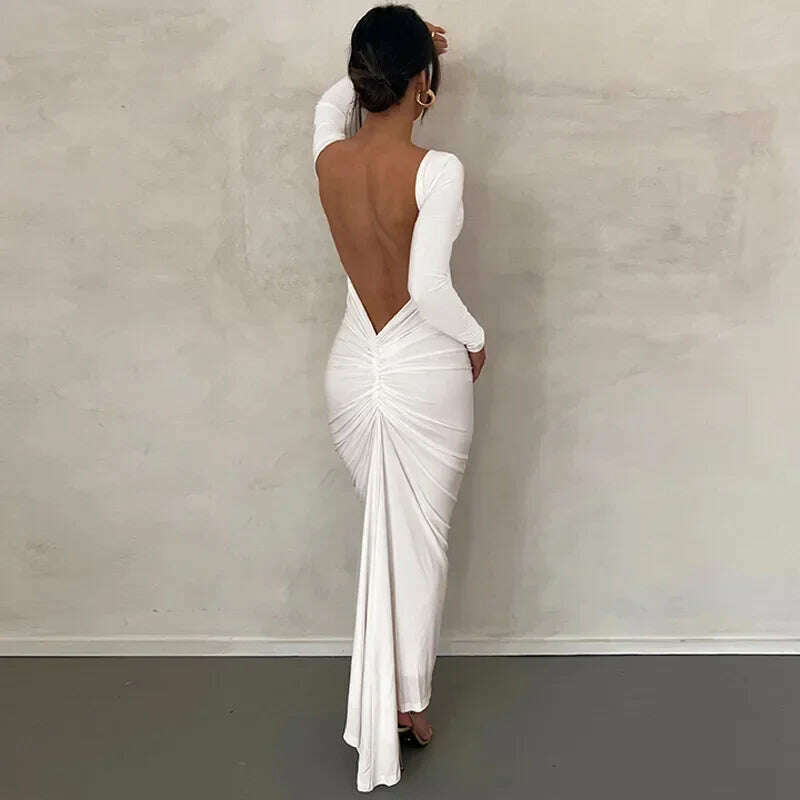 KIMLUD, Backless Maxi Dress Elegant Red Long Sleeve Sexy Ruched Bodyocn Evening Party Dress for Women 2023 Spring Slim Christmas Outfits, WHITE / M, KIMLUD Womens Clothes