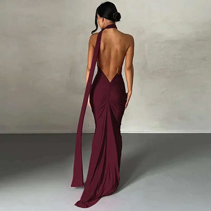 KIMLUD, Backless Maxi Dress Elegant Red Long Sleeve Sexy Ruched Bodyocn Evening Party Dress for Women 2023 Spring Slim Christmas Outfits, Wine Red 4 / L, KIMLUD Womens Clothes