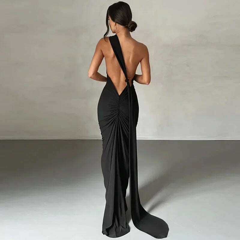 KIMLUD, Backless Maxi Dress Elegant Red Long Sleeve Sexy Ruched Bodyocn Evening Party Dress for Women 2023 Spring Slim Christmas Outfits, Black 4 / M, KIMLUD Womens Clothes