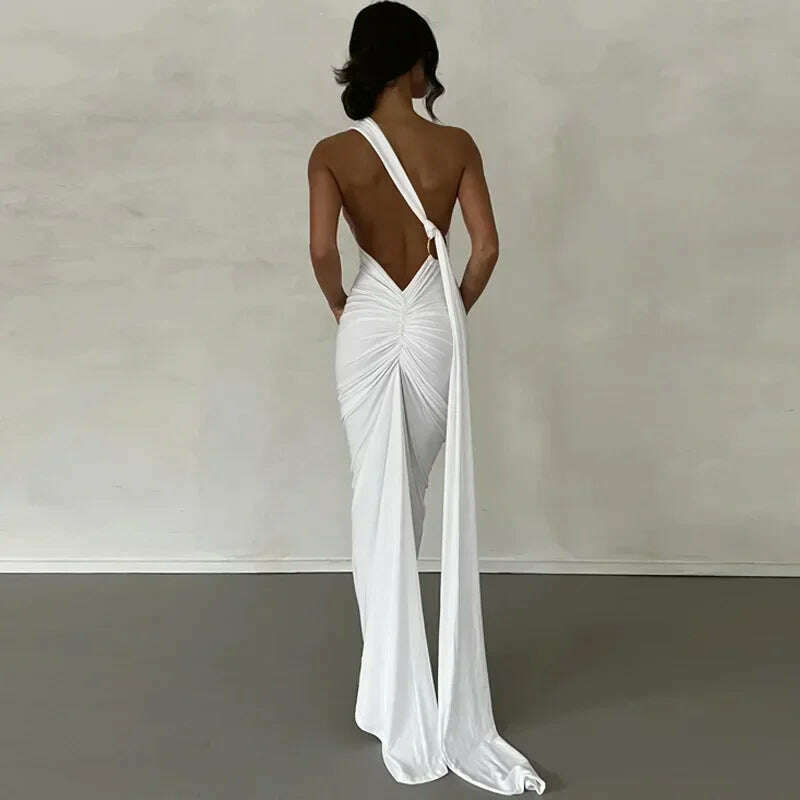 KIMLUD, Backless Maxi Dress Elegant Red Long Sleeve Sexy Ruched Bodyocn Evening Party Dress for Women 2023 Spring Slim Christmas Outfits, White 4 / L, KIMLUD Womens Clothes