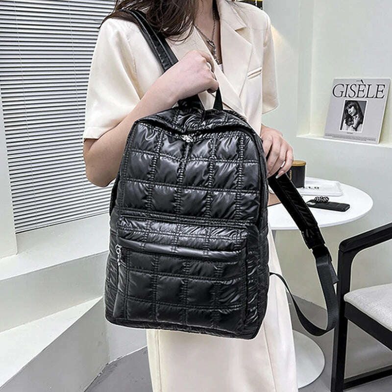 KIMLUD, Backpack Women's New Korean Fashion Space Cotton Backpack Diamond Designer Thread Shoulder Bag Large Capacity Down School Bag, KIMLUD Womens Clothes