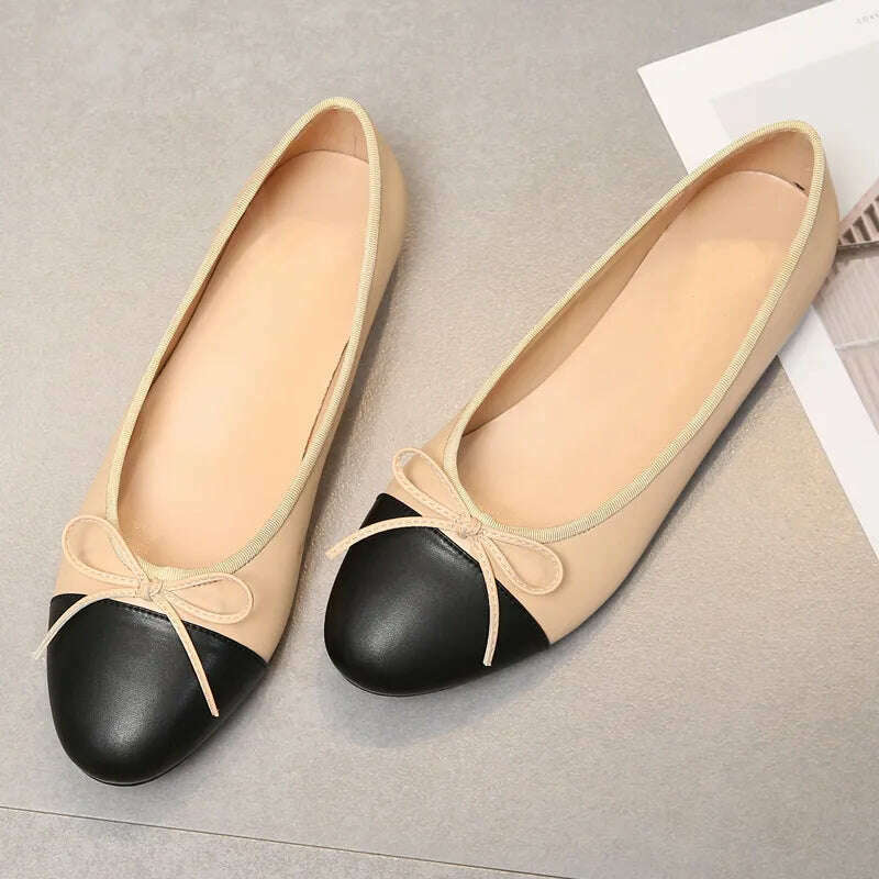 KIMLUD, Ballet Flats Classic Shoes Women Basic 2023 Leather Tweed Cloth Two Color Splice Bow Round Ballet Shoe Fashion Flats Women Shoes, apricot 4 / 35 / China, KIMLUD Womens Clothes