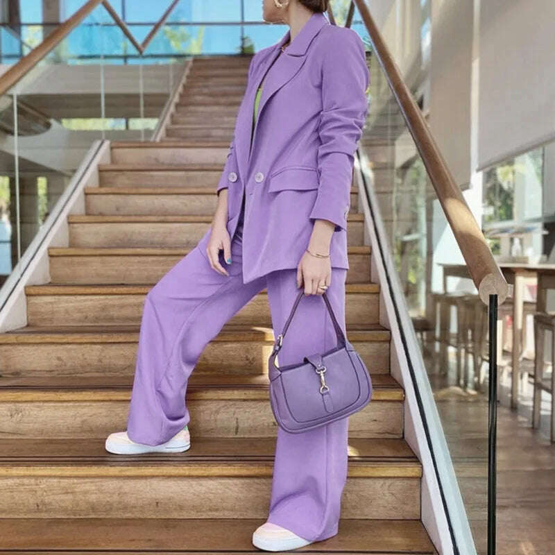 BAMBOOBOY Spring Autumn Women Blazers Long Pants 2 Piece Set Lady Casual Loose Suit Wide Leg Trousers Solid Outfits Pantsuits - KIMLUD