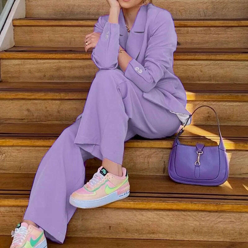 BAMBOOBOY Spring Autumn Women Blazers Long Pants 2 Piece Set Lady Casual Loose Suit Wide Leg Trousers Solid Outfits Pantsuits - KIMLUD