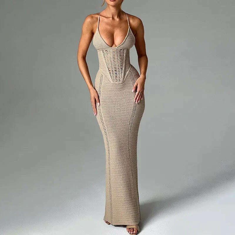 KIMLUD, Bandage Backless Sexy Hollow Out Bodycon Beach Dress Sundress Women Summer Sleeveless V Neck Y2K Streetwear Maxi Long Dresses, KIMLUD Womens Clothes