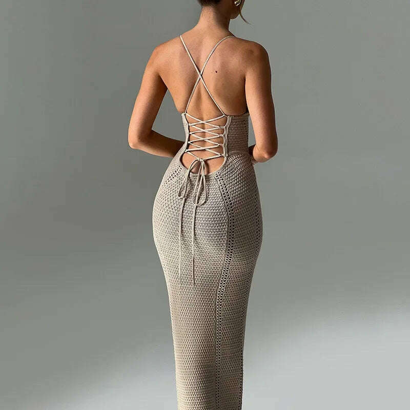 KIMLUD, Bandage Backless Sexy Hollow Out Bodycon Beach Dress Sundress Women Summer Sleeveless V Neck Y2K Streetwear Maxi Long Dresses, KIMLUD Womens Clothes
