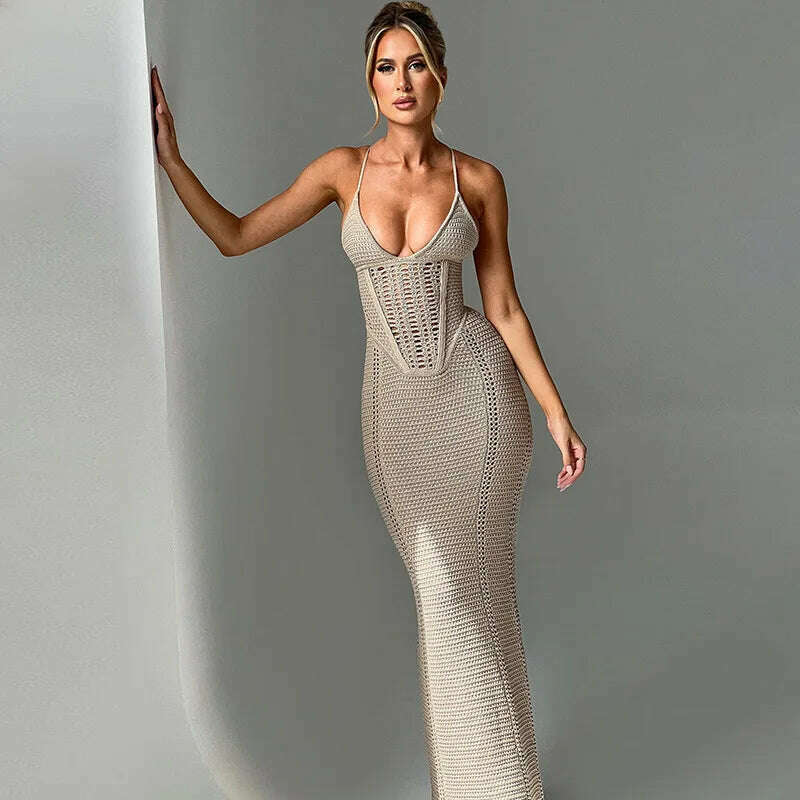 KIMLUD, Bandage Backless Sexy Hollow Out Bodycon Beach Dress Sundress Women Summer Sleeveless V Neck Y2K Streetwear Maxi Long Dresses, KIMLUD Womens Clothes