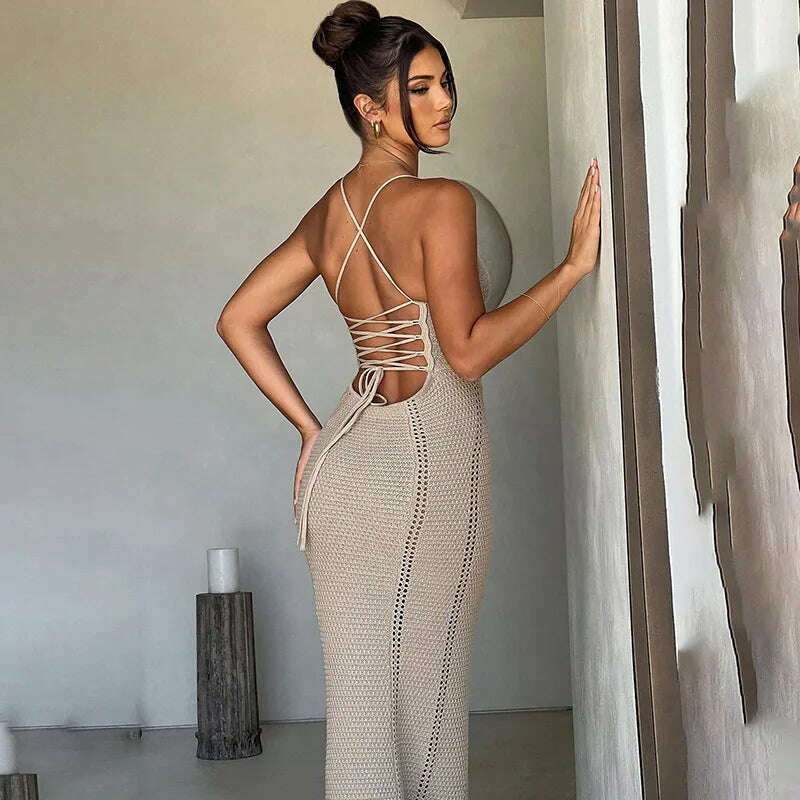 KIMLUD, Bandage Backless Sexy Hollow Out Bodycon Beach Dress Sundress Women Summer Sleeveless V Neck Y2K Streetwear Maxi Long Dresses, KIMLUD Womens Clothes