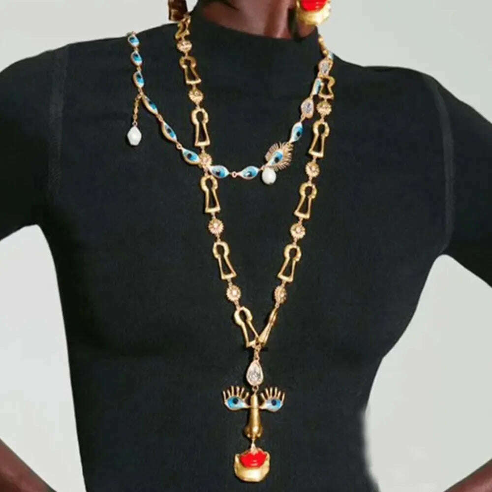 KIMLUD, Baroque Style Metal Eyes With Red Lips Pendant Necklace Jewelry For Women Vintage Ethnic Unique Statement Necklace, KIMLUD Womens Clothes