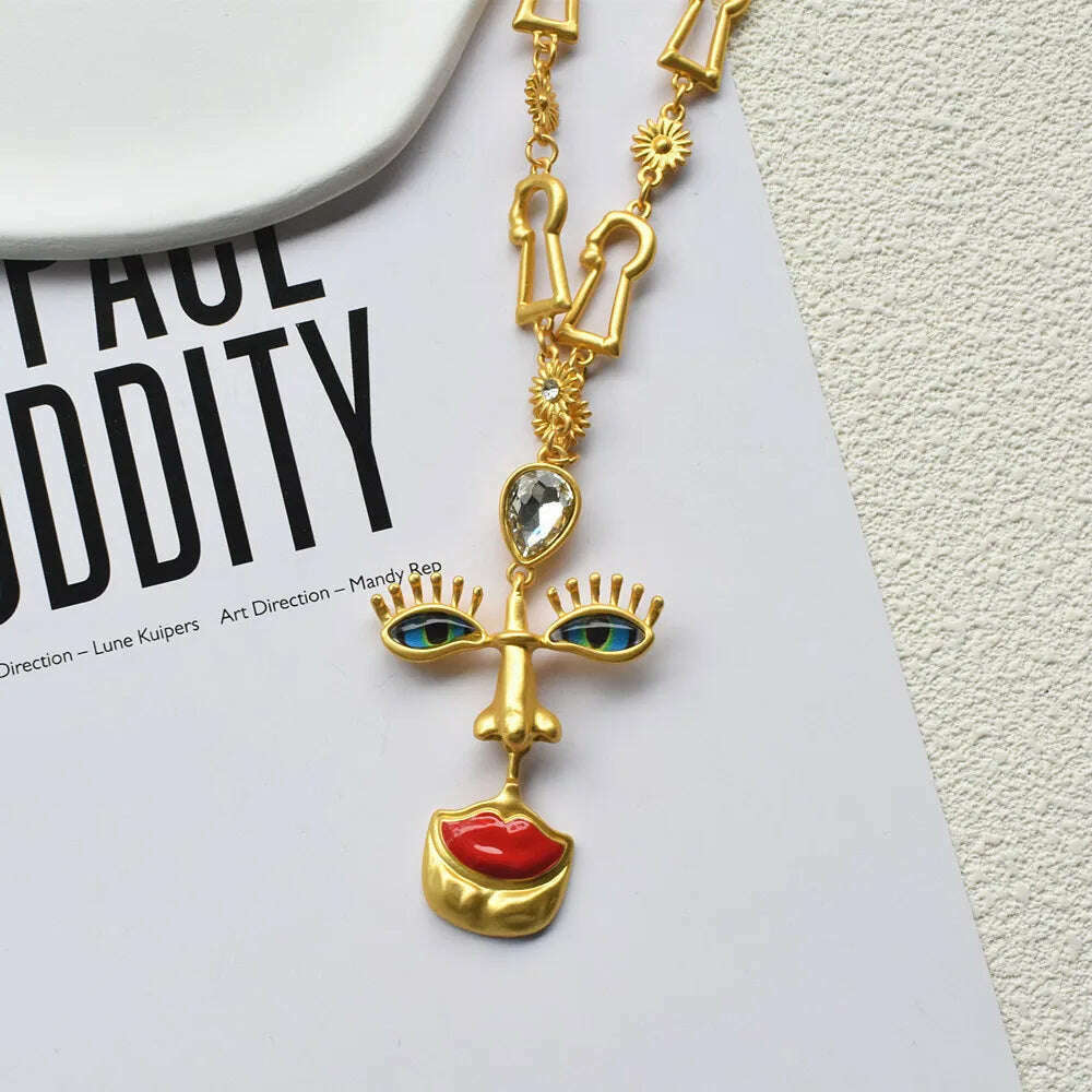 KIMLUD, Baroque Style Metal Eyes With Red Lips Pendant Necklace Jewelry For Women Vintage Ethnic Unique Statement Necklace, KIMLUD Womens Clothes