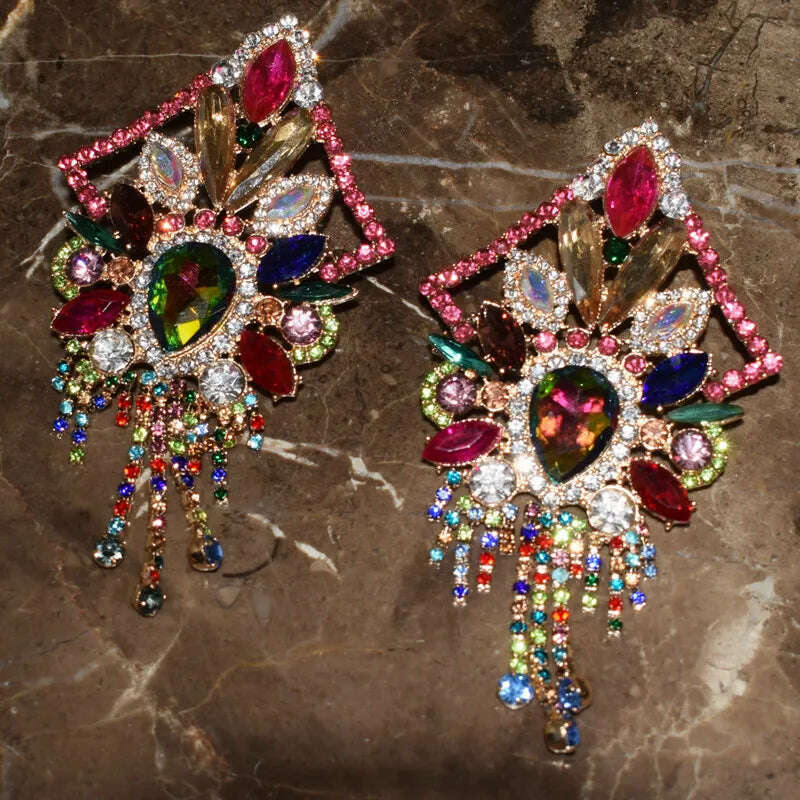 KIMLUD, Baroque Styley Geogous Shiny Rhinestone Gems Dangle Earrings For Women Fashion Jewelry Party Show Statement Earrings Accessories, KIMLUD Womens Clothes