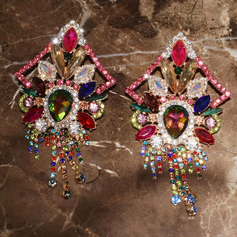 KIMLUD, Baroque Styley Geogous Shiny Rhinestone Gems Dangle Earrings For Women Fashion Jewelry Party Show Statement Earrings Accessories, KIMLUD Womens Clothes