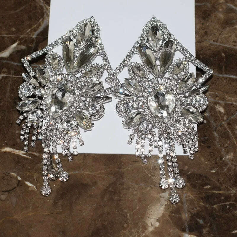 KIMLUD, Baroque Styley Geogous Shiny Rhinestone Gems Dangle Earrings For Women Fashion Jewelry Party Show Statement Earrings Accessories, white, KIMLUD APPAREL - Womens Clothes