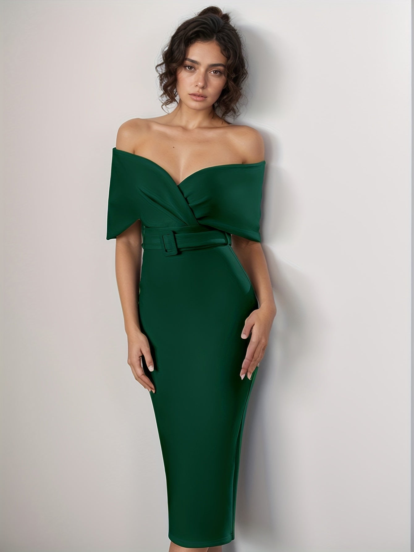 Stunning Off-The-Shoulder Bodycon Dress - V-Neck, Split Hem, Belted Waist, Elegant Design for Wedding Party, Formal Occasions - Women's Clothing, Body-Hugging Silhouette