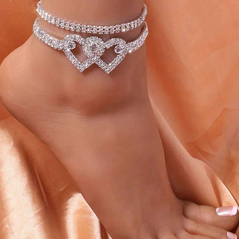 KIMLUD, Beautiful Dazzling Cubic Zirconia Chain Anklet for Women Fashion Silver Color Ankle Bracelet Barefoot Sandals Foot Jewelry, KIMLUD Womens Clothes
