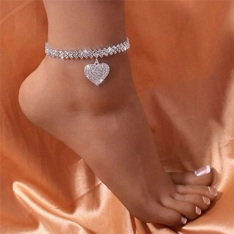 KIMLUD, Beautiful Dazzling Cubic Zirconia Chain Anklet for Women Fashion Silver Color Ankle Bracelet Barefoot Sandals Foot Jewelry, Three rows, KIMLUD Womens Clothes