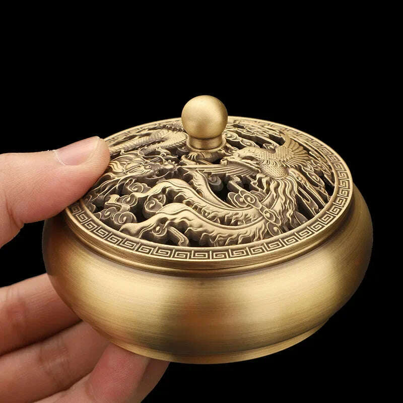 Beautiful Dragon and Phoenix Carved Copper Incense Burner Brass Incense Holder with Cover Sandalwood Round Censer Home Decor - KIMLUD