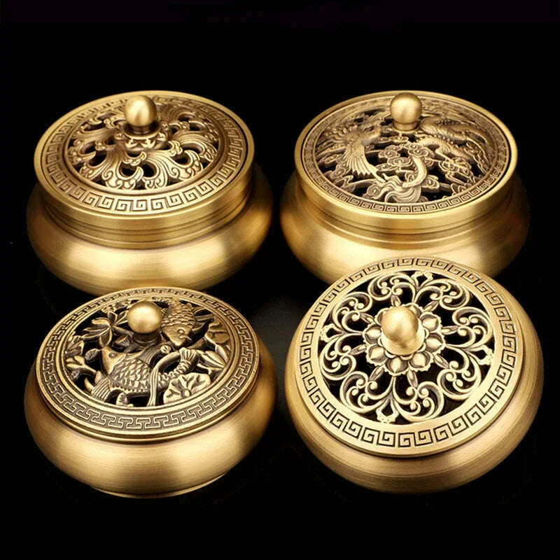 Beautiful Dragon and Phoenix Carved Copper Incense Burner Brass Incense Holder with Cover Sandalwood Round Censer Home Decor - KIMLUD