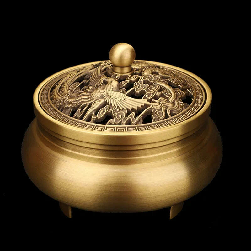 Beautiful Dragon and Phoenix Carved Copper Incense Burner Brass Incense Holder with Cover Sandalwood Round Censer Home Decor - KIMLUD