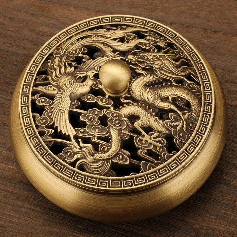 Beautiful Dragon and Phoenix Carved Copper Incense Burner Brass Incense Holder with Cover Sandalwood Round Censer Home Decor - KIMLUD